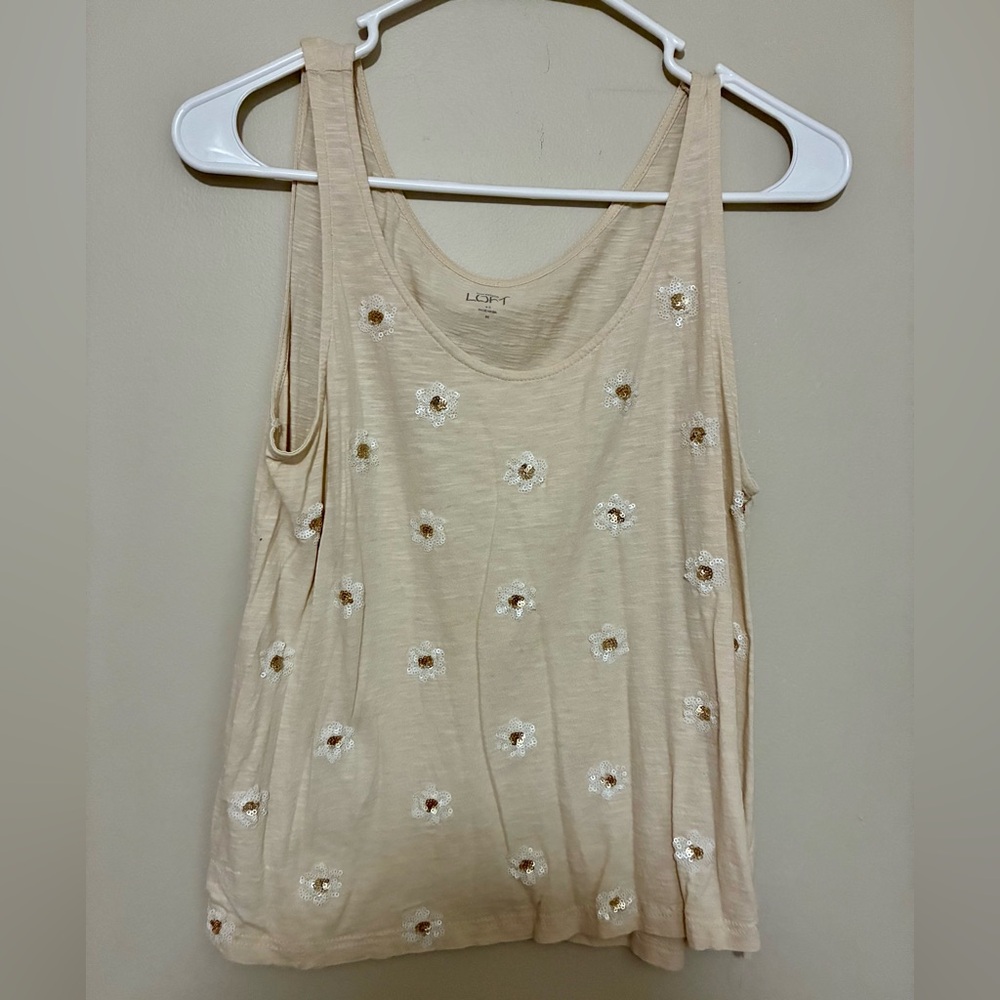 LOFT Cream Floral Embroidered Tank Top